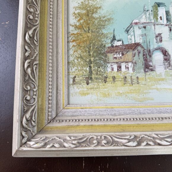 Original Signed Painting Artwork On Wooden Frame Buildings Landscape Community - Picture 8 of 9